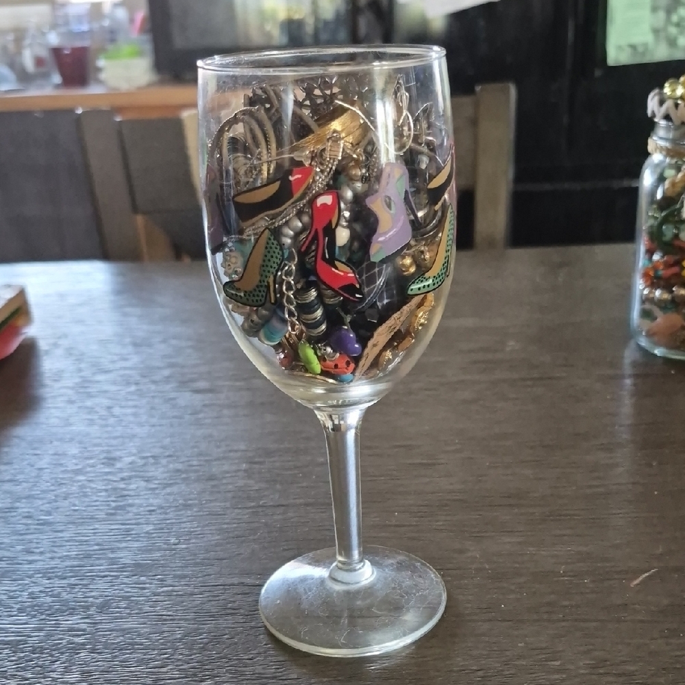Decorative Wine Glass with Assorted Earrings! All Matched, Mostly Pierced.